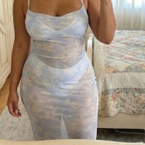 PrettyLittleThing Blue & White Cloud Tie-Dye Sheer Maxi Dress Size 20 NWT